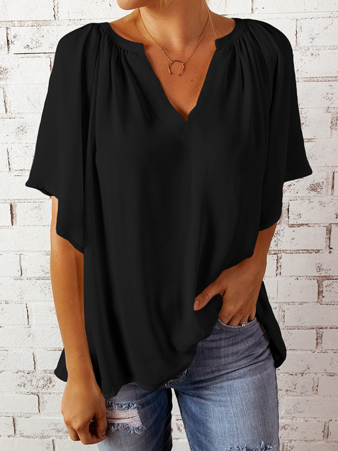 Ruched Notched Half Sleeve Blouse