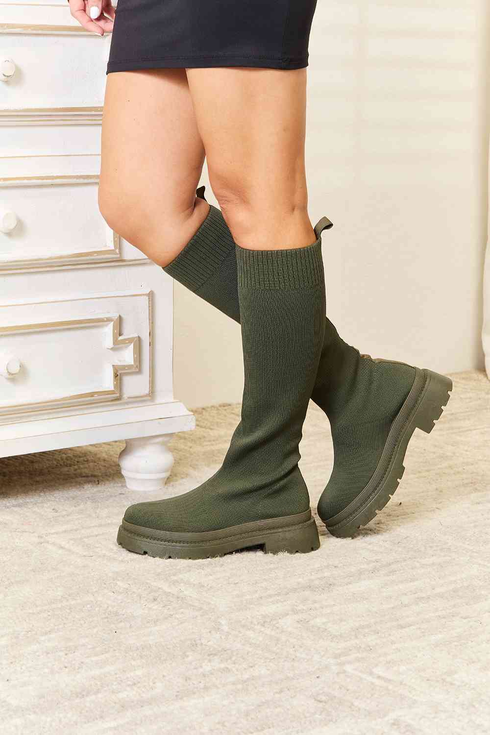 Savage Soles Knee High Platform Sock Boots (Olive Green)