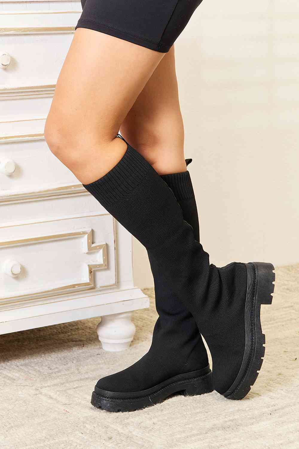 Savage Soles Knee High Platform Sock Boots (Black)