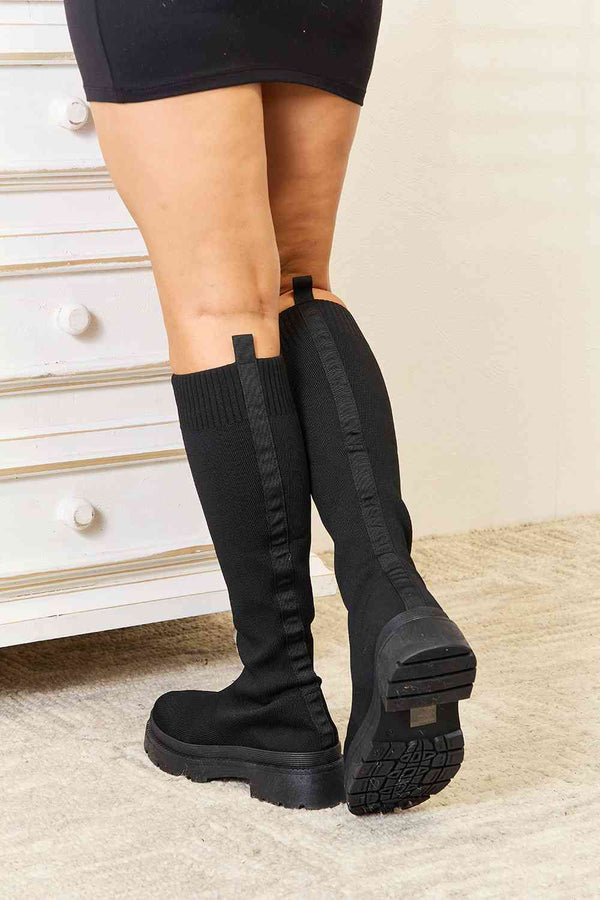 Savage Soles Knee High Platform Sock Boots (Black)